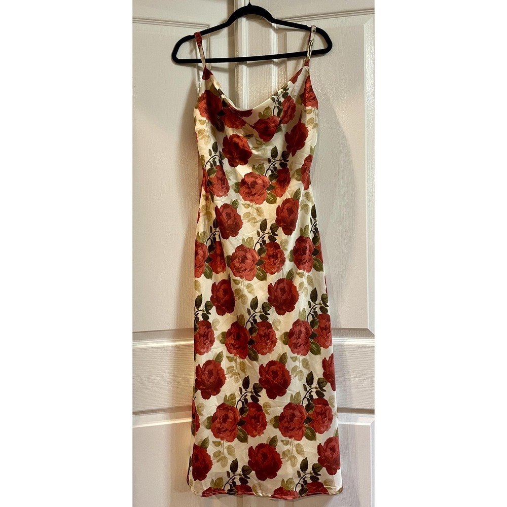 Thirty/Thirty LA Dress Womens XL Red Rose Floral Satin Slip Midi Cowl Neck